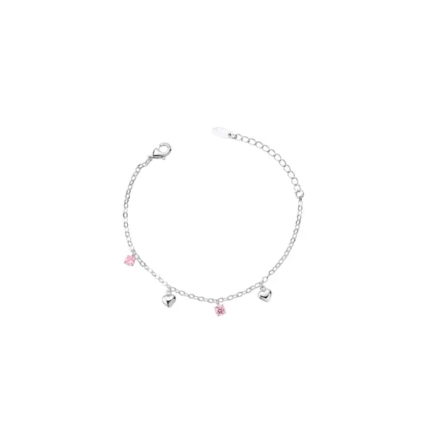 Pulseira Prata Leve Infantil Corações e Zircônias Rosas