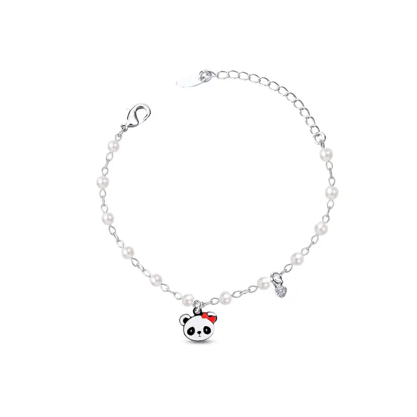 Pulseira Prata Leve Infantil Panda com Coração e Pérolas