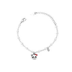 Pulseira Prata Leve Infantil Panda com Coração e Pérolas