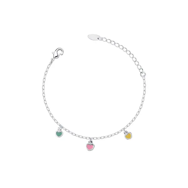 Pulseira Prata Leve Infantil Corações Coloridos