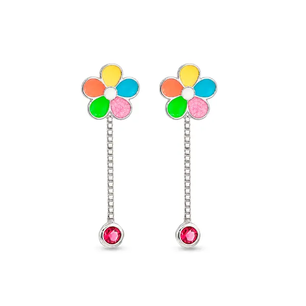 Brinco Prata Leve Infantil Flor Colorida e Zircônia Pendente