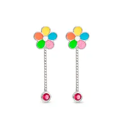 Brinco Prata Leve Infantil Flor Colorida e Zircônia Pendente