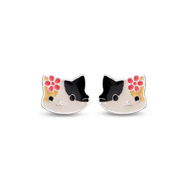 Brinco Prata Leve Infantil Gatinha com Flor