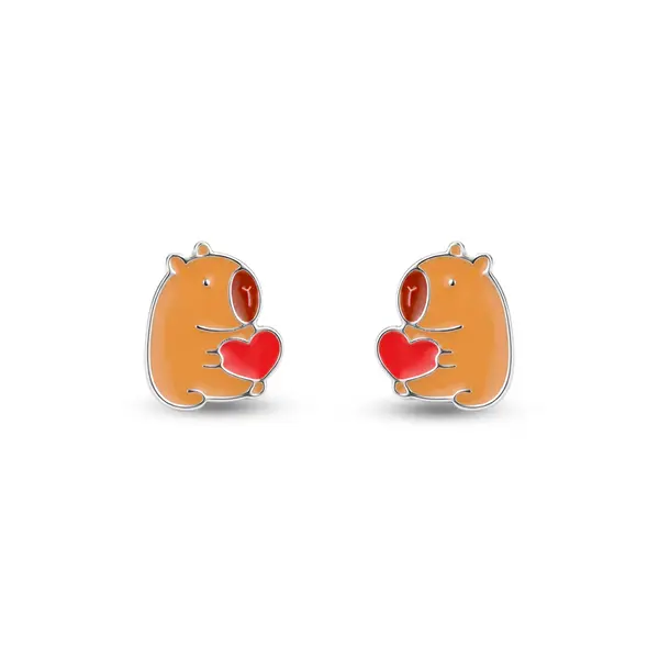Brinco Prata Leve Infantil Capivara com Coração
