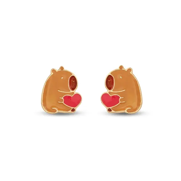 Brinco Folheado a Ouro 18k Infantil Capivara com Coração