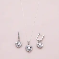 Conjunto Prata Rodinada Zircônia Coração