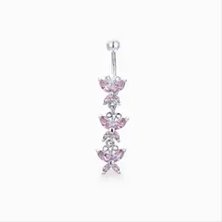 Piercing Umbigo Prata Rodinada E Aço Borboleta Zircônia Rosa Claro