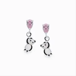 Brinco Prata Infantil Panda Pendurado Esmaltado