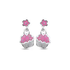 Brinco Infantil Prata Cupcake Pendurado Esmaltado