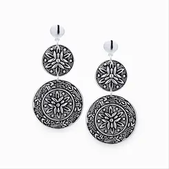 Brinco Prata Envelhecido Duas Mandalas Pendurado