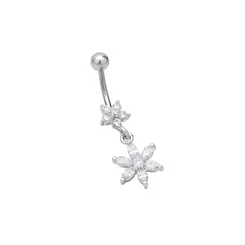 Piercing De Umbigo Prata Rodinada E Aço Duas Flores Zircônias